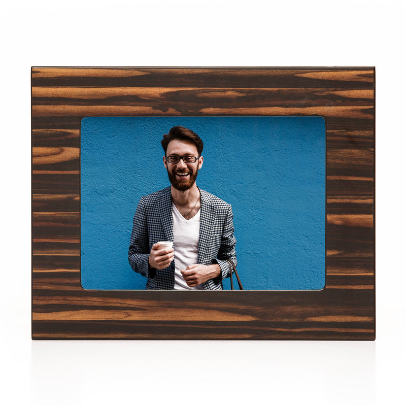 Brown wooden 5x7 picture frame with dark matte border and glass front