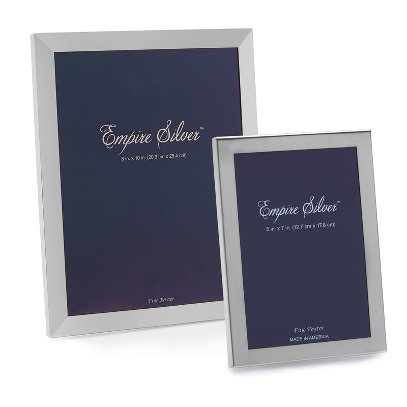Pewter photo frame, 8x10 size, beveled border with dark mat and easel stand