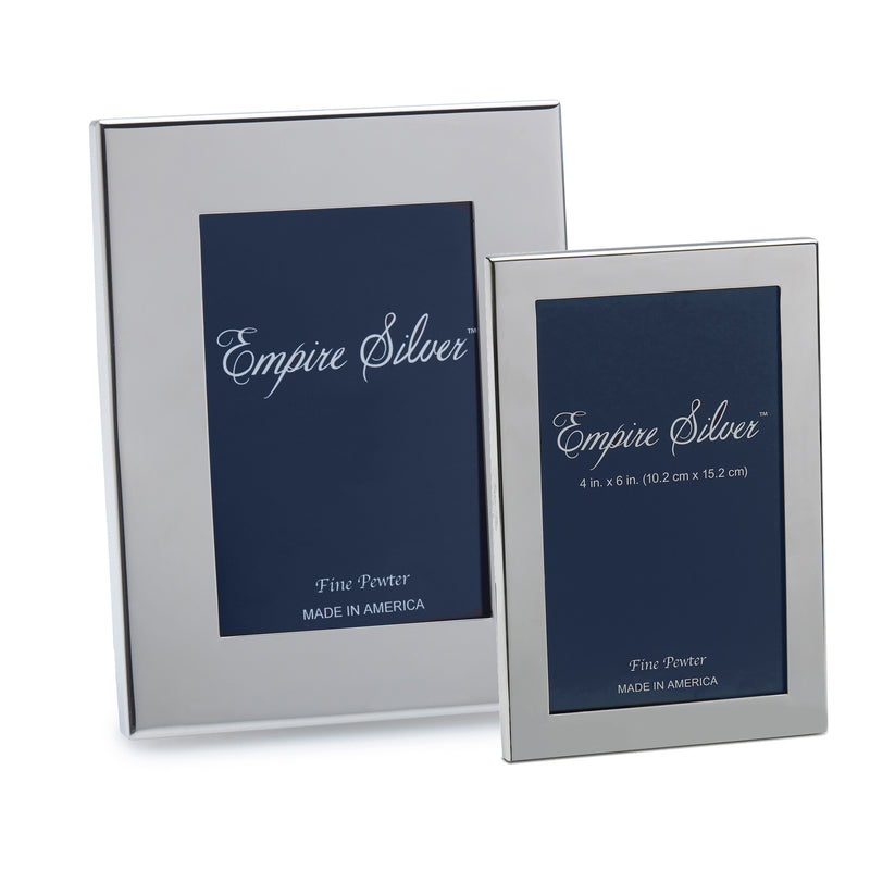 Pewter channel-back picture frame set, two sizes, portrait display with dark blue mat