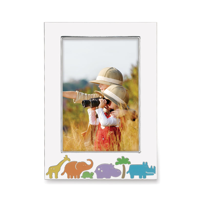 Silver plate picture frame with jungle parade animal silhouettes and clear photo opening