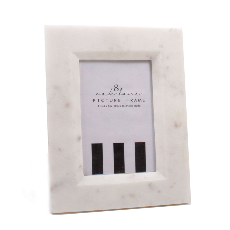White marble-look 4x6 picture frame with vertical opening and clear front window