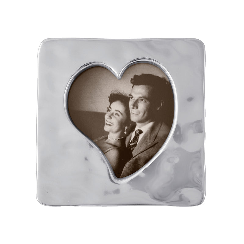 Mariposa small square picture frame with open heart window, metallic silver finish, photo inside