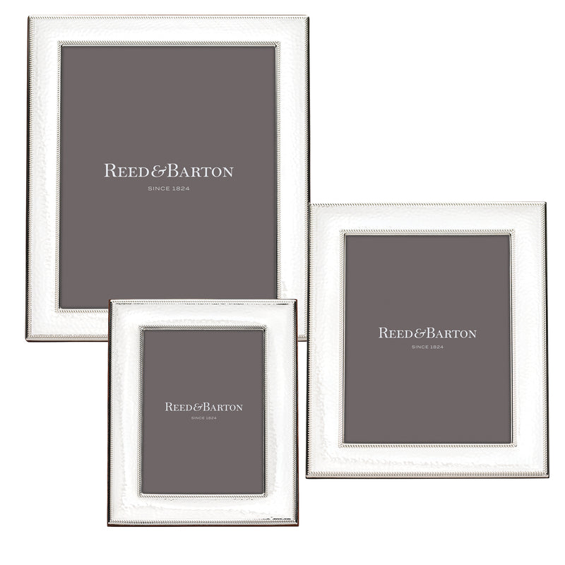 Sterling silver photo frame set with textured, beaded border and brushed corners