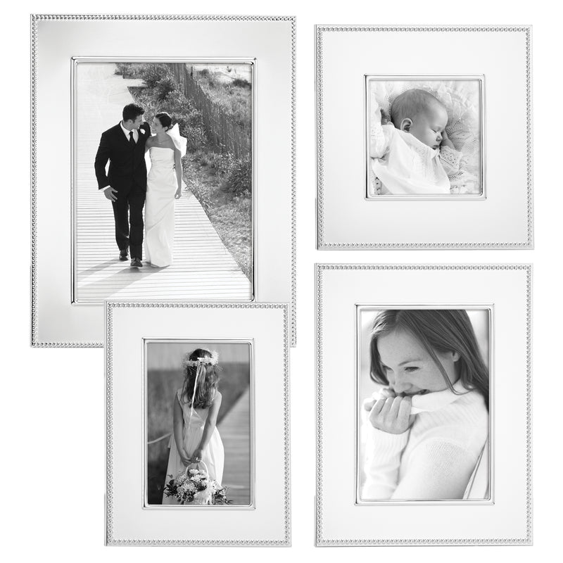 Silver plate picture frame with textured border and two photo openings, portrait orientation