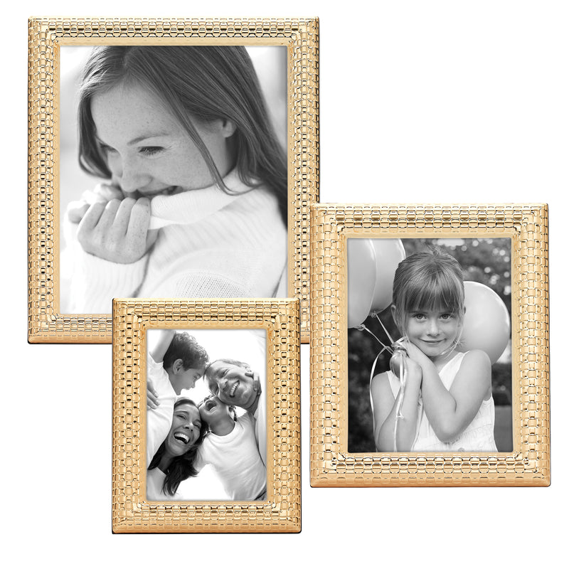 Goldplate beaded watchband-style photo frames holding 3 photos