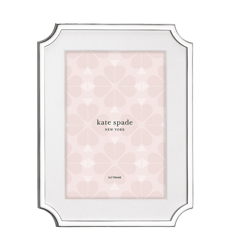 Silver-plated 5x7 picture frame with ornate corner cutouts and clear front