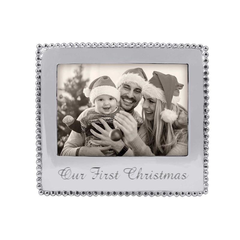 Our First Christmas beaded 5x7 photo frame with silver bead border and printed script
