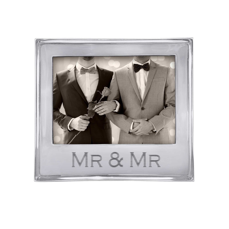 5x7 photo frame with silver border, 'MR & MR' text and tuxedo couple portrait