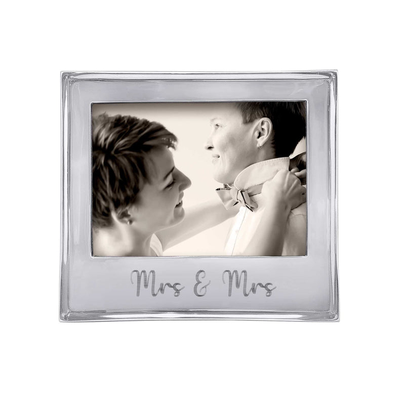 Silver 5x7 photo frame with 'Mrs & Mrs' engraving and monochrome couple portrait