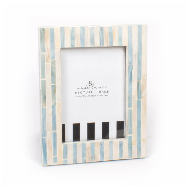Mother-of-pearl 5x7 picture frame with blue striped border