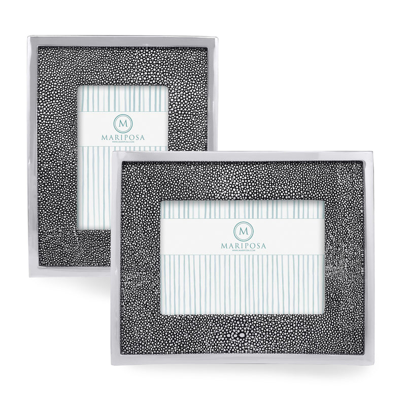 Shagreen leather picture frame with dark textured finish, white mat and window
