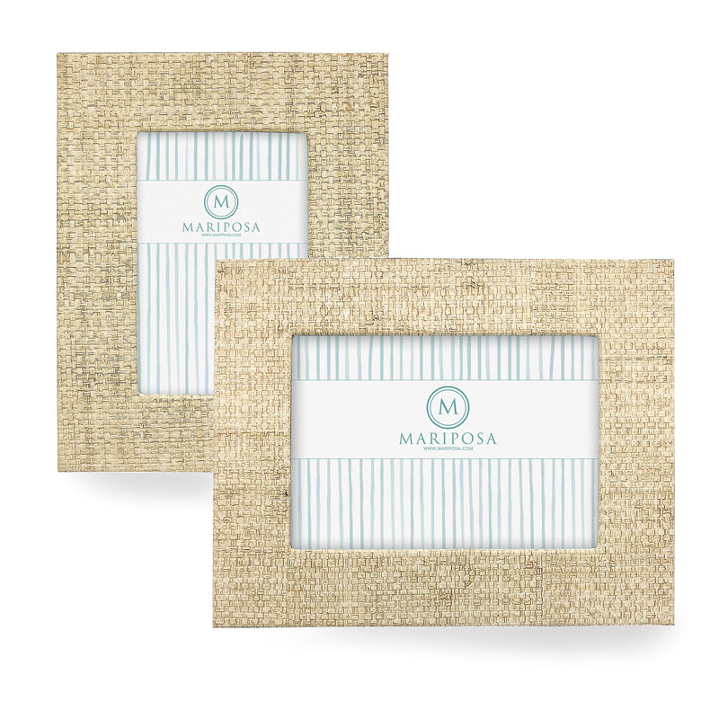 Sand textured faux grasscloth picture frame with light blue striped mat