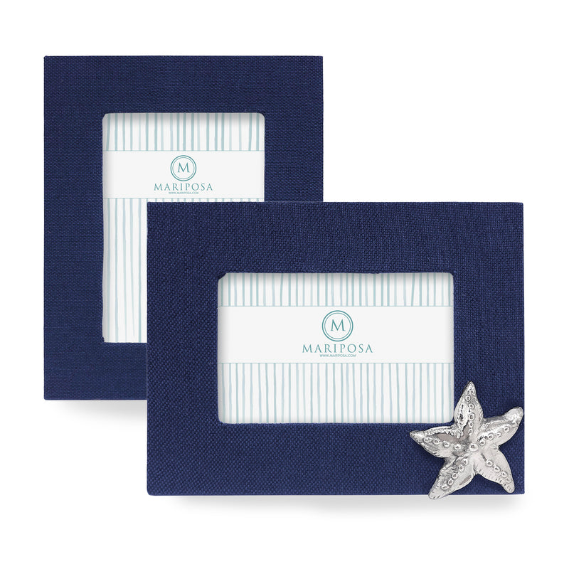 Mariposa navy linen picture frame with starfish accent and white mat insert