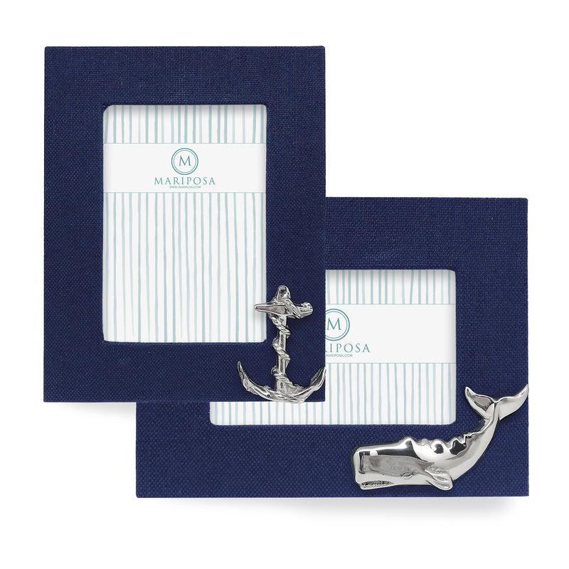 Nautical navy linen photo frame with anchor and whale embellishments
