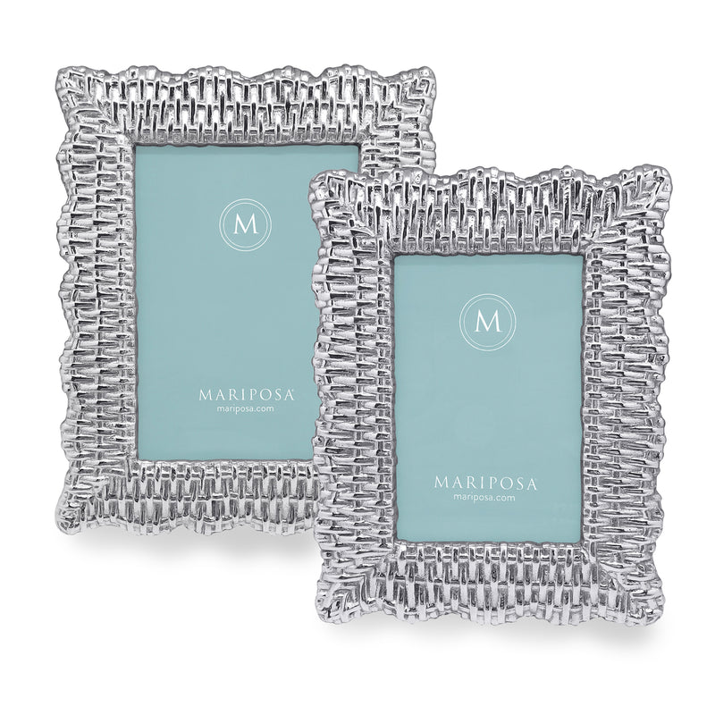 Silver wicker-bordered picture frames with textured edges and blue mat centers