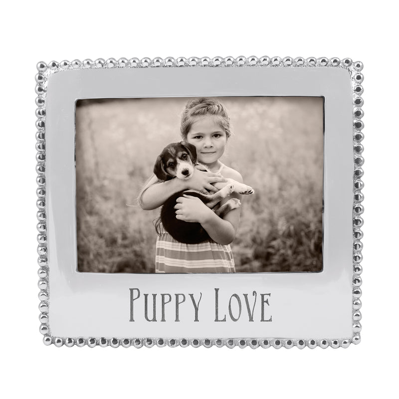 White 5x7 puppy love picture frame with beaded border and Puppy Love title