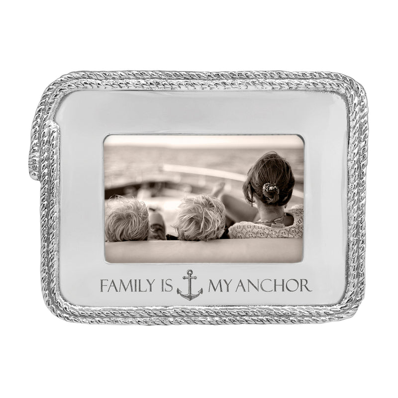 Mariposa 4x6 picture frame with braided silver border, white mat, 'Family is My Anchor' text