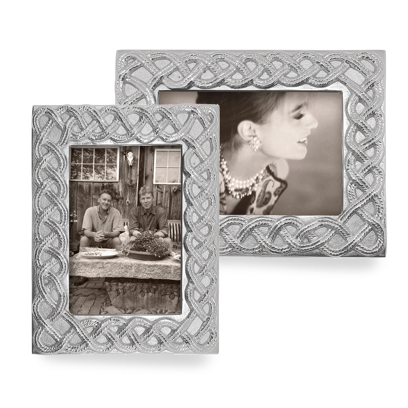 Mariposa open-braid picture frame, silver metal pattern, two-photo display