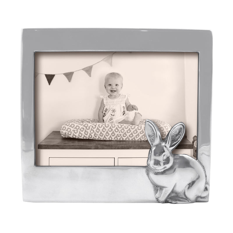 5x7 picture frame with gray border and silver bunny figure on the corner