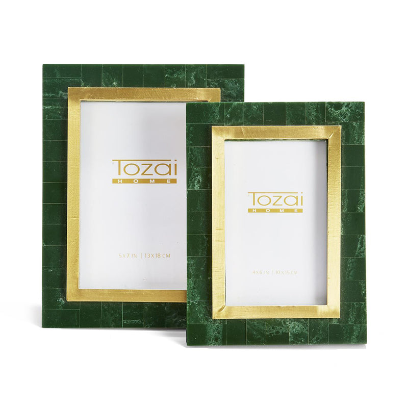 Set of 2 green and gold picture frames with gold inner border, front view, white inserts