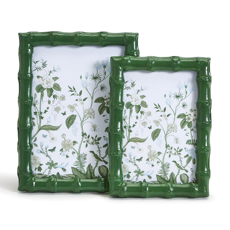 Set of 2 bamboo-style picture frames, dark green with botanical prints