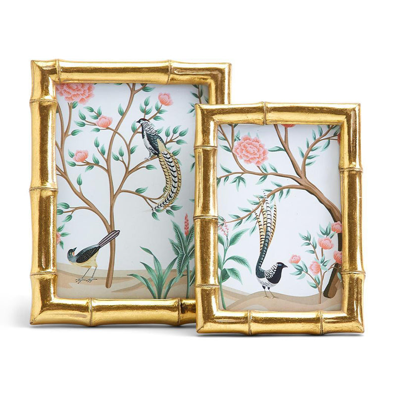 Set of 2 gold bamboo-style picture frames with bird floral print inserts