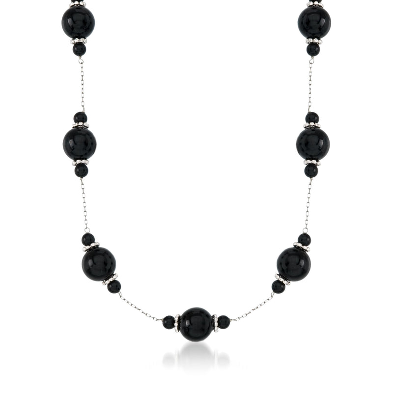 Black onyx bead station necklace with sterling silver chain and round black beads