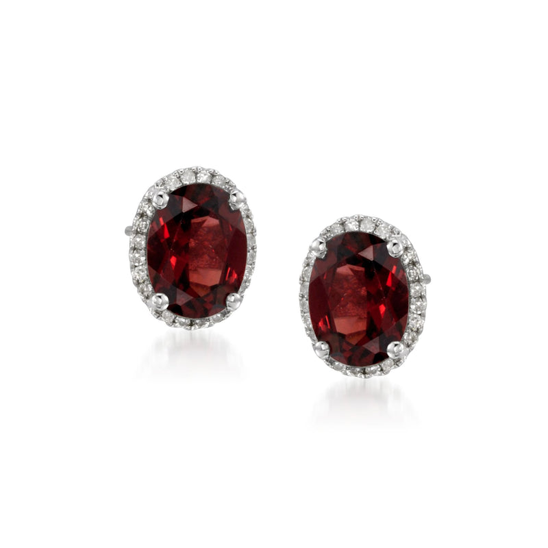 Garnet and diamond halo stud earrings in 14kt white gold with post backs