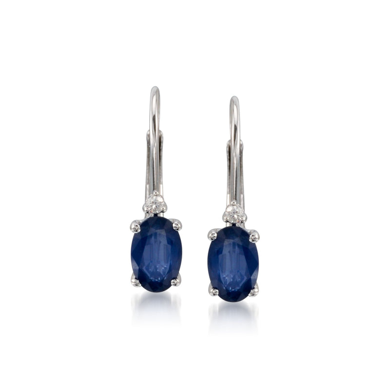 Oval sapphire leverback earrings with diamond accents in 14kt white gold
