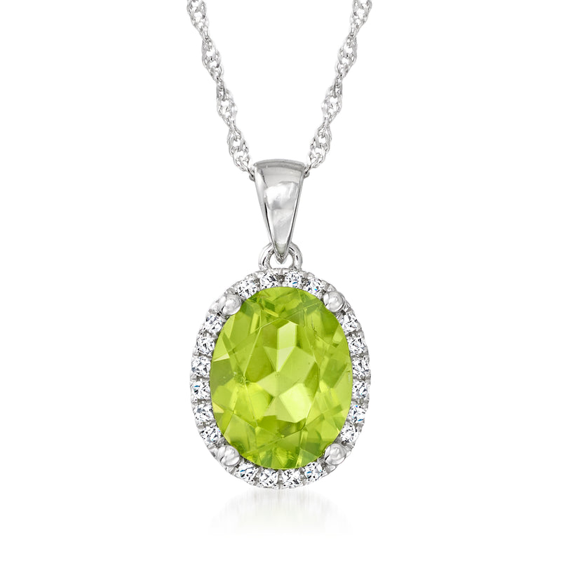 Oval green peridot pendant with diamond halo on 14kt white gold chain