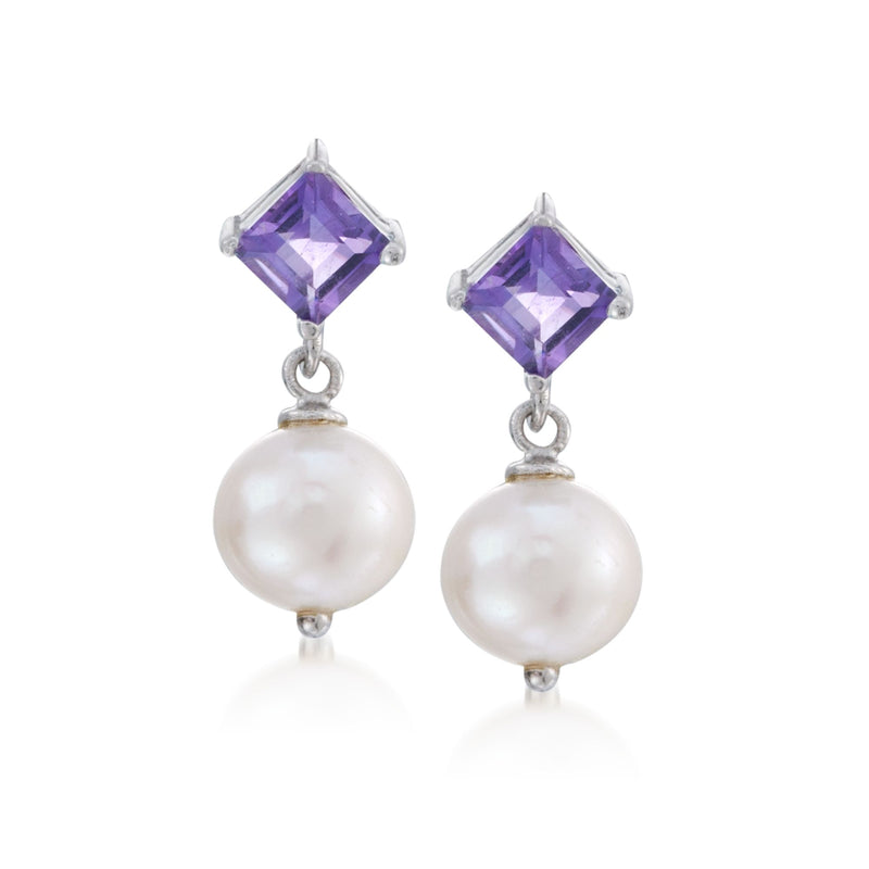 Sterling silver amethyst square and cultured pearl drop dangle earrings