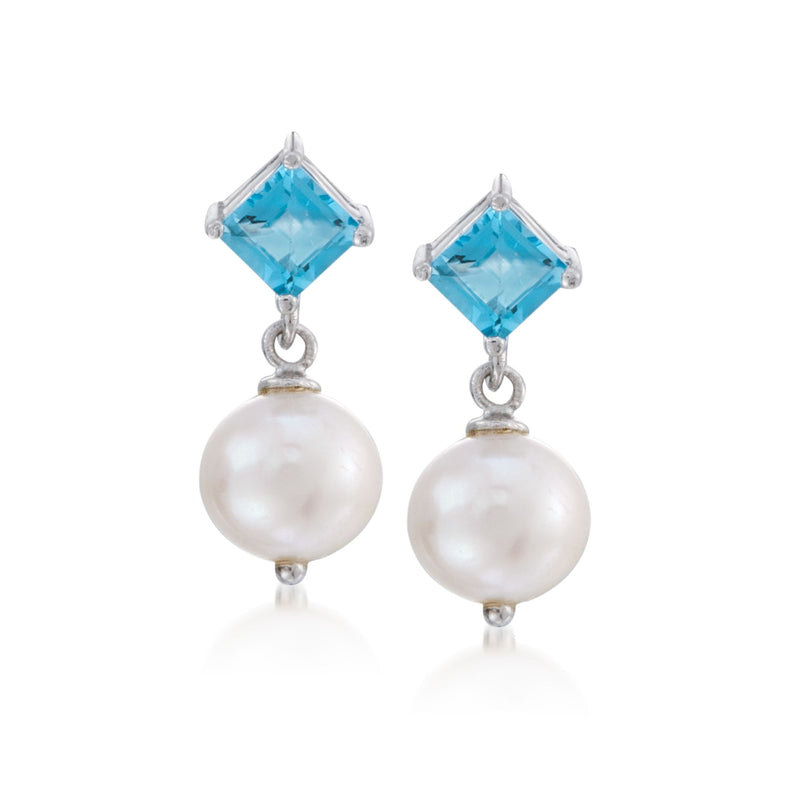 Sterling silver drop earrings with sky-blue topaz and white cultured pearl spheres