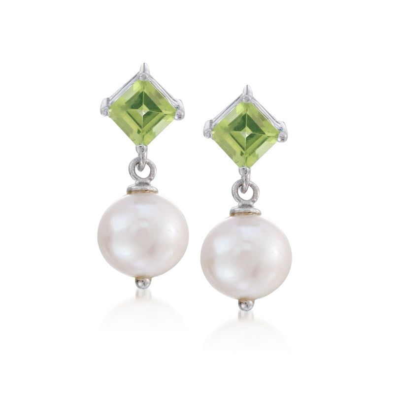 Sterling silver peridot and cultured pearl drop earrings with green gemstone tops