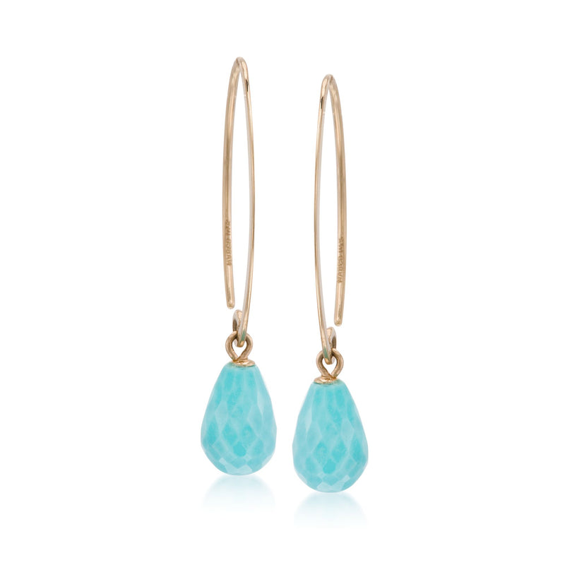 Turquoise drop earrings in 14kt yellow gold with teardrop turquoise stones and slim earwires