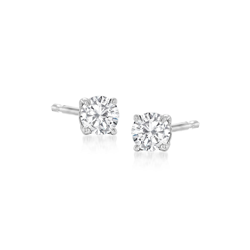 14kt white gold diamond stud earrings with round brilliant stones, push-back