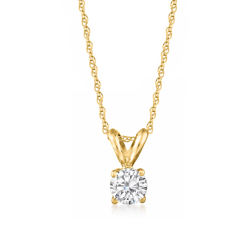 14kt yellow gold solitaire diamond necklace with round brilliant center on prong setting