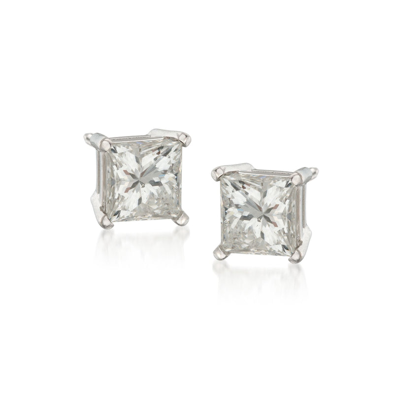 14k white gold princess-cut diamond stud earrings with four-prong settings
