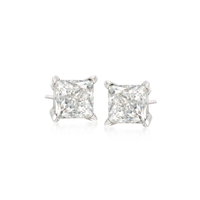 Princess-cut diamond stud earrings, square stones in 14kt white gold with four-prong settings