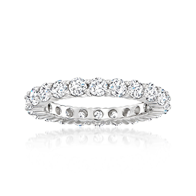 Sterling silver CZ eternity band with round prong-set stones all around, bright shine
