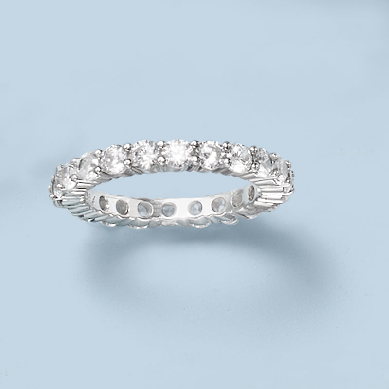 Sterling silver CZ eternity band close-up of inner shank with prong-set round stones