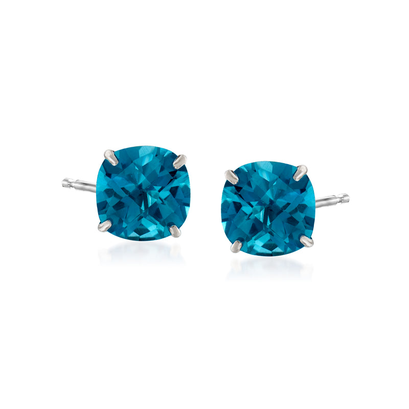 14kt white gold stud earrings with 5.00 ct London blue topaz, blue round gemstone