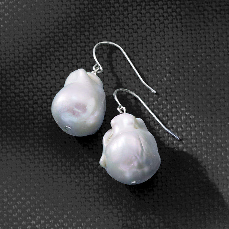 Sterling silver earwire baroque pearl drop earrings, off-white teardrop pearls