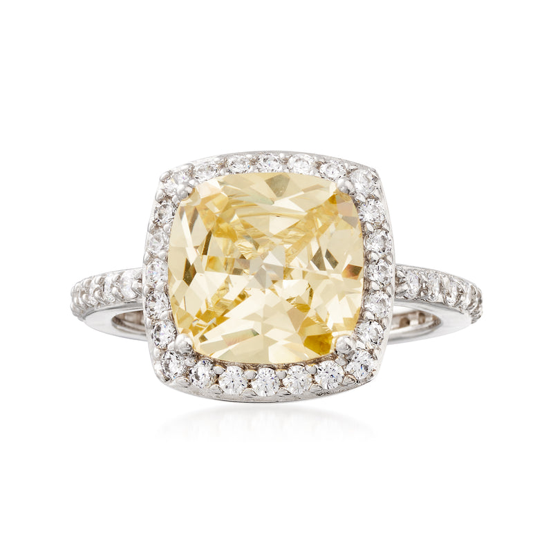 Sterling silver ring with large yellow cushion CZ center and white stone halo