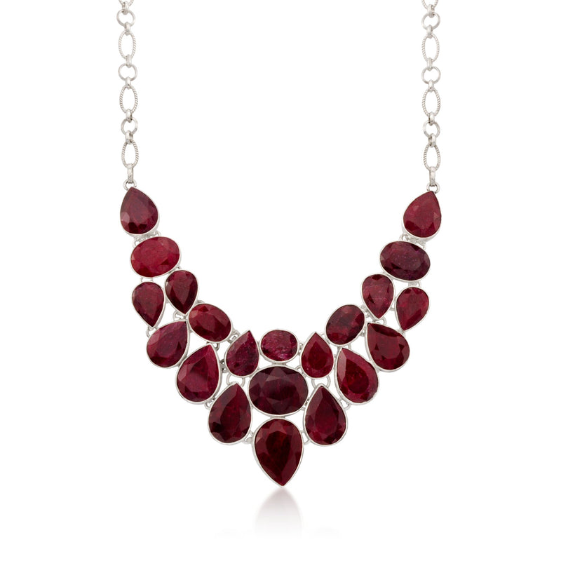 Sterling silver ruby bib necklace with teardrop and oval gemstone drops