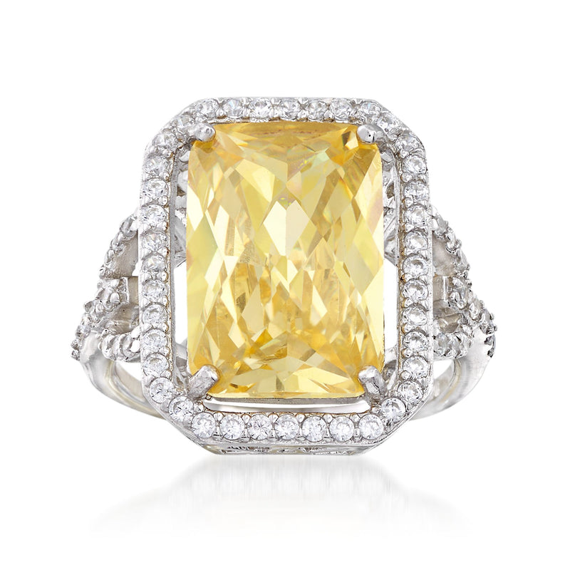 Sterling silver ring with large cushion-cut canary yellow CZ center and white CZ halo