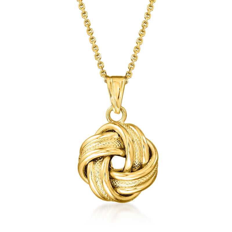 14kt yellow gold love knot pendant necklace with intertwined circular knot on chain