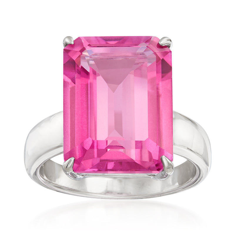 Sterling silver ring with emerald-cut pink topaz, four prong setting