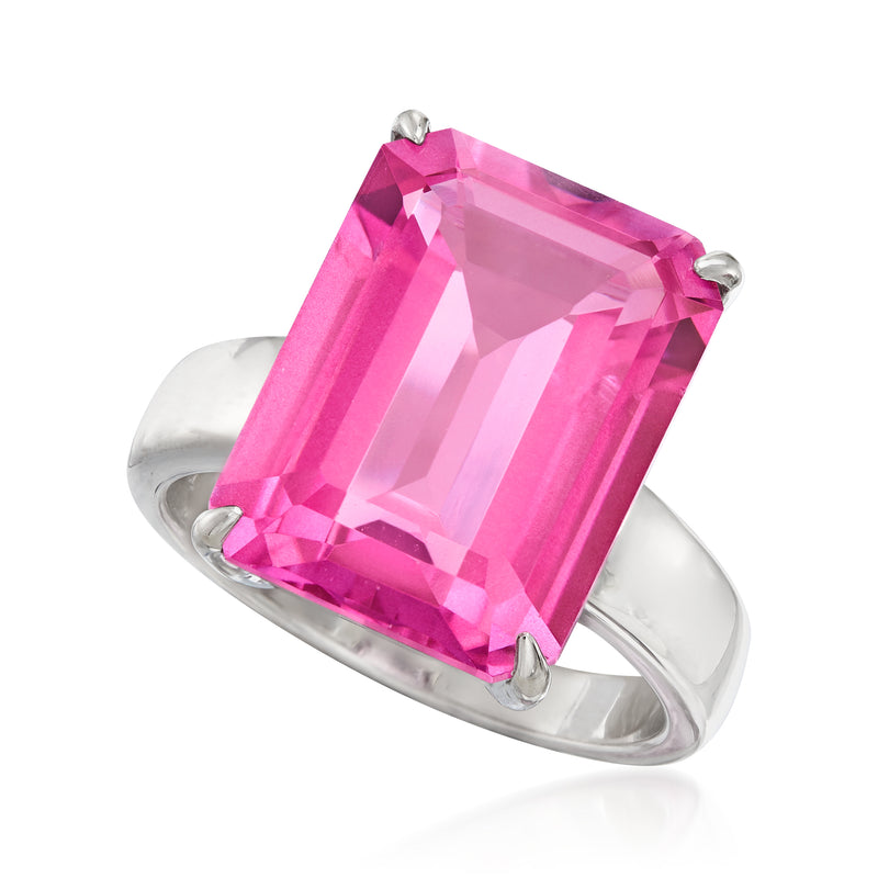 Sterling silver ring with emerald-cut pink topaz, three-quarter angle