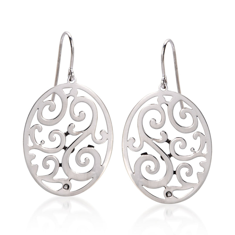 Sterling silver oval filigree swirl drop earrings with hook earwire