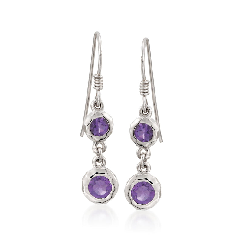 Sterling silver amethyst wire drop earrings with three purple oval faceted stones